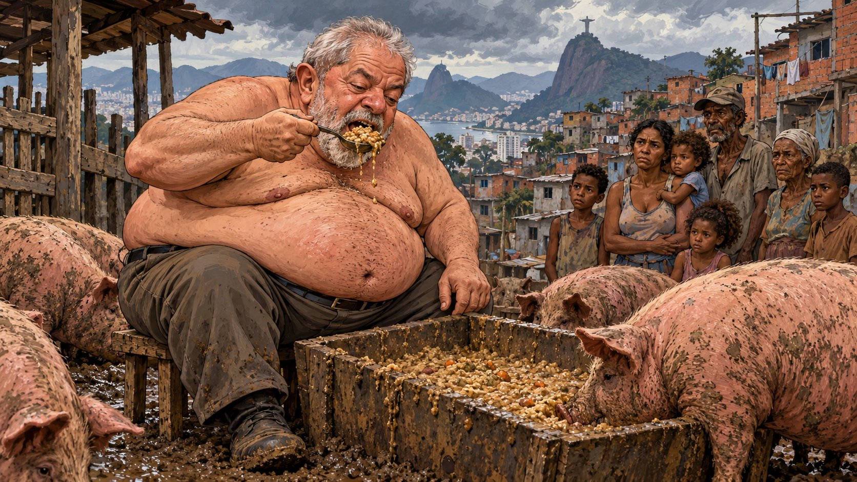 Ilustración política satírica del presidente Lula en un patio rural, junto a un comedero de cerdos, mientras varias familias observan desde una favela.